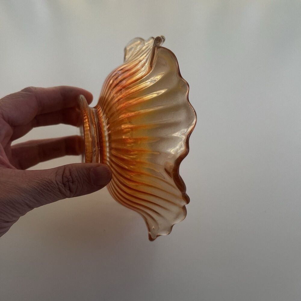 Vintage Marigold Carnival Glass Serving Bowl, 6", Starburst, Ribbed & Ruffled - Picture 3 of 7
